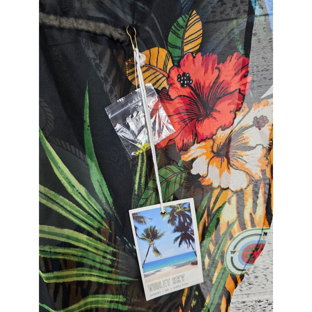 Violet Sky Sheer Tropical Hibiscus Floral Anchor Kimono Caftan Coverup One Size - Picture 2 of 9